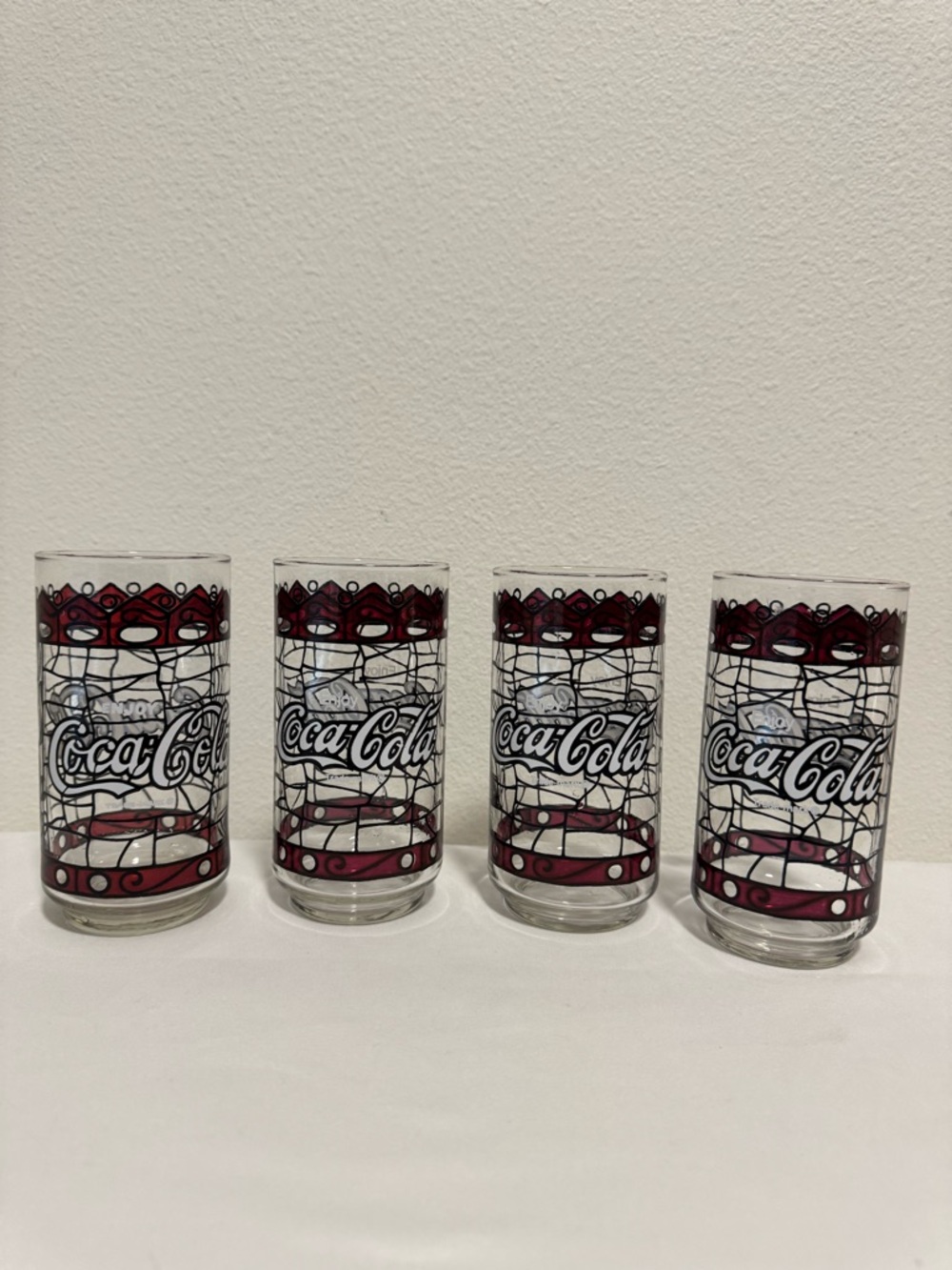 Set of 4 Coca-Cola Glasses Vintage Style Stained Glass Red Black Graphic
